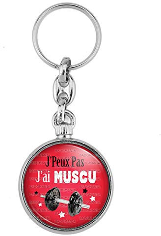 BADGMANIA Porte Clés Métal 2 faces Logo 33mm J'Peux Pas J'ai MUSCU - Haltère fond rouge