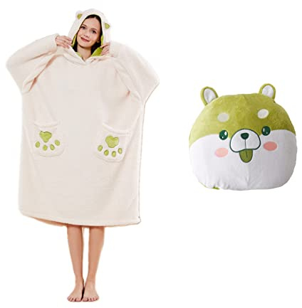 iyoimono Hoodie Decke für Damen Kissens Kapuzenpullover 2 in 1 Flanell Fleece Oversized Weich Pullover Sweatshirt Kuscheldecke Flauschige Sherpa TV-Decke mit Ärmeln Tragbar Ganzkörperdecke