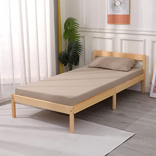 Vivo Technologies Solid Wooden Bed Single Bed Frame,Pine Wood Bed with Headboard,With Wood Slat Support, Strong Support Legs Wooden Platform Bed Frame for Adults, Kids Natural Bedroom Furniture