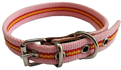 Collar de Perro Bandera de España de algodón Rosa 30 cms | Collar Liso para Perro Pequeño | Collar de algodón. Resistente a tirones y climatología. Collar Rosa Rojo y Amarillo.