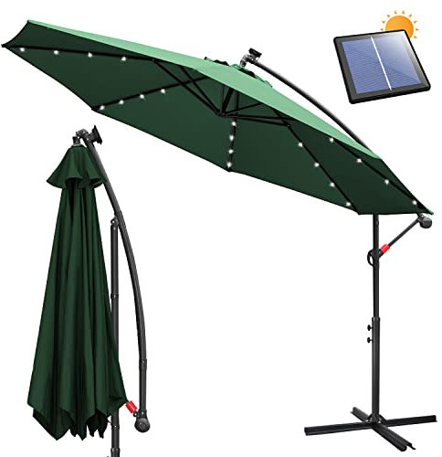 Vigevee Ampelschirm Ø300 cm mit Solar LED Beleuchtung Sonnenschirm mit Kurbelvorrichtung Höhenverstellbarer, Sonnenschirm Schirm Gartenschirm Marktschirm-UV-Schutz wasserabweisend,Grün