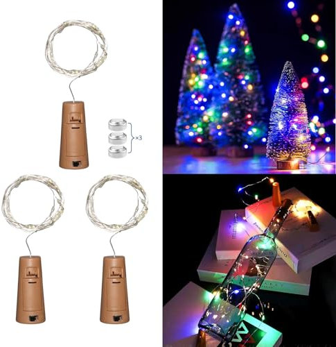 Akynite LED Flaschenlicht Bunt mit Korken, 20 LEDs 2M Lichterkette Wasserdicht, Korken Lichterkette Bunt für Flaschen Deko, für Party Weihnachten Tischdekoration Hochzeitstisch, 3er-set