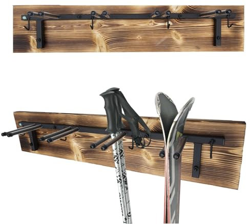QLS Skihalterung S3 Wand Skihalter für 4 Paare 83 cm Stahl Holz hölzerne Hakenleiste Nordic Walking Trekking Stöcke Skiträger