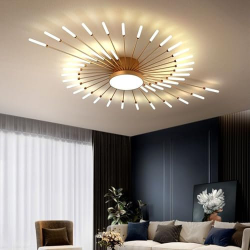 QAZPLM Moderne LED Deckenleuchte Dimmbar Wohnzimmer Deckenlampe Mit Fernbedienung, Deckenleuchte für Deckenbeleuchtung Schlafzimmer, Wohnzimmer, Esszimmer, Restaurant (Gold, L128CM)