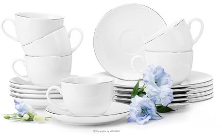 Konsimo Kaffeeservice für 6 Personen aus Hartporzellan - 6er Set - MUSCARI Espressotasse 200 ml Untertasse und Dessertteller (18-TLG) - Platinlinie