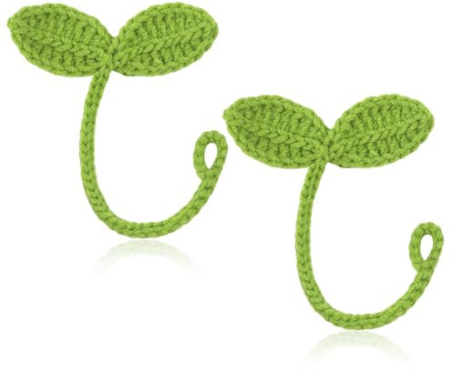 2 Gestrickter Gehäkelter Blattspross, Handgefertigtes gehäkeltes Pflanzen Lesezeichen Grüner Sprossen Häkelornament Gestricktes Lesezeichen Blattdekoration für Kabelbinder Kopfhörer Zubehör