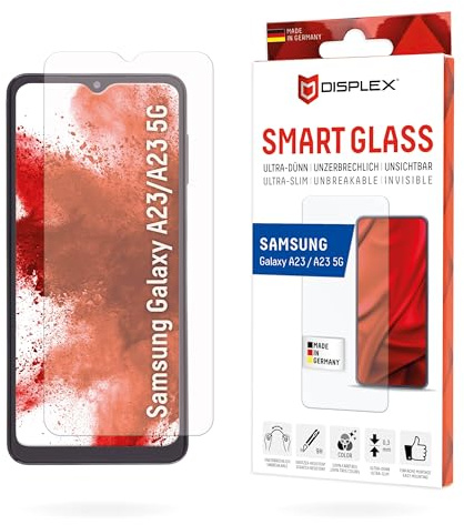 Schutzfolie mit Glasoberfläche für Galaxy A23 5G, A23 (9H), Made in Germany | DISPLEX Smart Glass, unzerbrechlich, kratzfest, 9H Härte, ultra-dünn, kristallklar, mit Montagehilfe