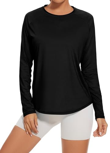 Gyabnw Womens Long Sleeve Gym Tops for UK UPF 50+ Ladies Workout Yoga Running Top Crew Neck Lightweight Soft Quick Dry Golf Activewear T-Shirt Black