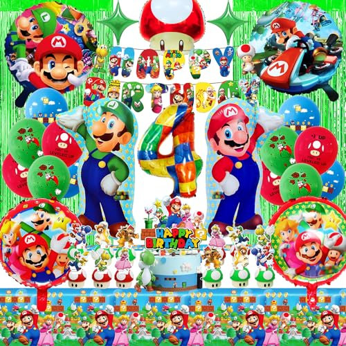 WAHYGG Super Mari Geburtstag Deko für 4 Jahre Junge, mit Großem Mari Folienballon, Ballon-Klebepunkte und Bändern, Einfache Handhabung, Spaßige Party Deko für Kinder