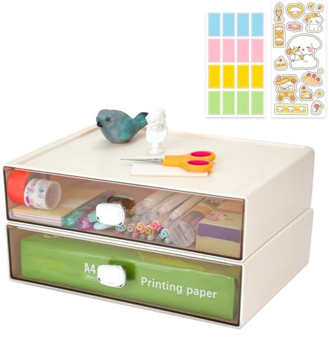2 PCS Schreibtisch Schubladenbox mit 2 Schubladen, Stapelbarer A4 Papier Büro Organizer Drawer mit Etiketten, Große Kunststoff Office Bastel Aufbewahrungsbox für Schreibwaren, Schminke(L-2*Weiß)