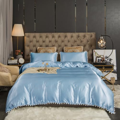 Freyamy Satin Bettwäsche 200x220,Luxus Pom Pom Quaste Glatt Seide Glanzsatin Hellblau Bettwäsche Set,Modern RomantischSommer Bettwäsche Sets 1 Bettbezüge + Kissenbezug 80x80 mit Reißverschlüsse