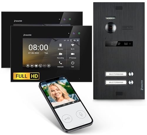 Balter EVO-HD Video Türsprechanlage, Video Türklingel mit Kamera, 2 Familienhaus Klingel, Smartphone App, 2X 7 Zoll HD Monitor, Full HD-Kamera, 2 Draht Bus, Gegensprechanlage mit 175° Weitwinkel
