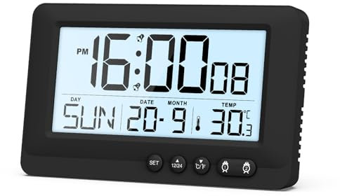 ORIA Digital Alarm Clock, Large LCD Display with Time, Date, Week, Temperature, 12/24H, Dual Alarms, Snooze, Backlight, Battery Powered Portable Travel Clock for Bedroom Office Desk
