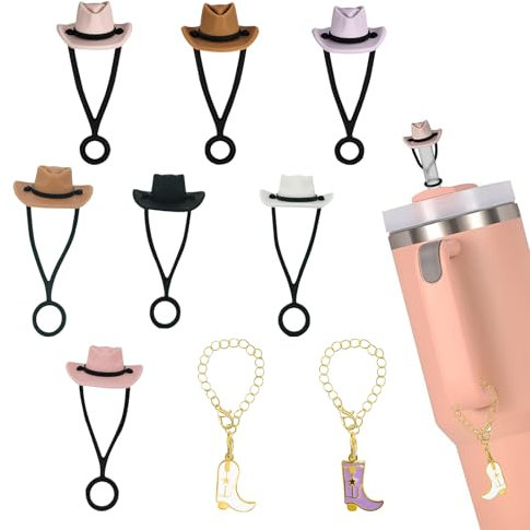 KASESSS 7 Pieces for Stanley Cup Straw Cover, 10mm Universal Straw Toppers, Silicone Cowboy Hat Straw Covers with 2Pcs Boots Hangings, Dustproof Straw Topper, Reusable Straw Cap for Stanley Cup Straw