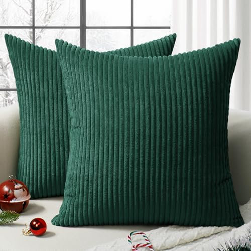 Softalker Weihnachten Kissenbezug 50x50 dunkle grün 2er Set Cord Sofakissen Couchkissen Dekokissen Kissenbezüge Kissenhülle Streifenmuster Weihnachtsdeko für Wohnzimmer Schlafzimmer Sofa Kinderzimmer