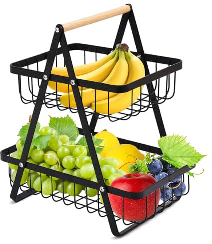 GEMMAHW 2 Tier Fruit and Vegetable Storage Rack for Kitchen, Large Detachable Bowl, Two Tiered Holder for Bread and Veg, Metal Rack for Home