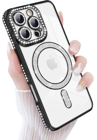 Newseego Magnetic Sparkly Glitter Phone Case for iPhone 16 Pro [Compatible with Magsafe], Camera Lens Shockproof Protector Bling Diamonds Soft TPU Cover Girls Women for iPhone 16 Pro-Black