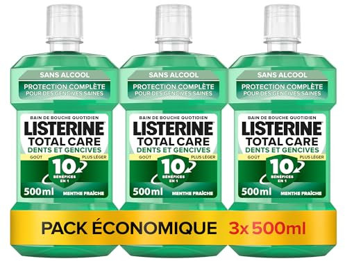 Listerine – Bain de Bouche Protection Dents et Gencives Goût Plus Léger 0% alcool (lot de 3 bouteilles de 500 ml) – Soin bucco-dentaire quotidien – Bain de bouche sans alcool pour une haleine fraîche