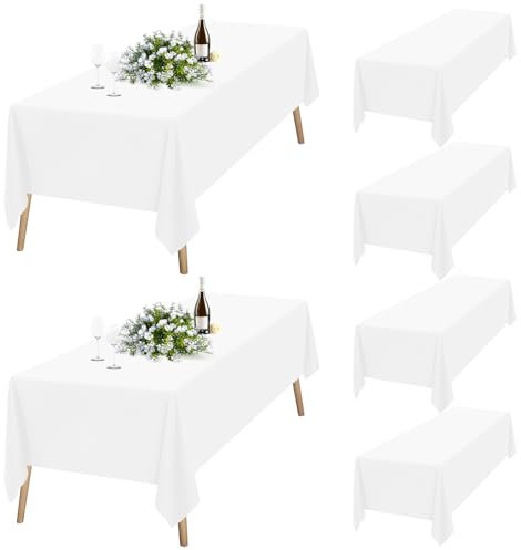 6 Packungen Weiß Tischdecke 153 x 260 cm, Tischdecke Weiß Stoff Rechteckige Polyester-Tischdecke für 1,8m Rechteckige Tische, Waschbare Tischdecke für Hochzeitsfeier, Restaurant, Banketttisch