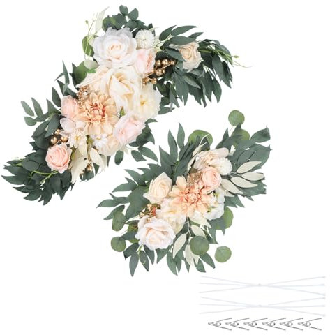 PATIKIL Wedding Arch Flowers,2Pcs Artificial Silk Faux Rose Flower Swag Floral Swags Backdrop with Leaves Clip Bandage for Welcome Sign Ceremony Reception Decor, Champagne/Cream