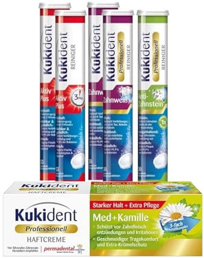 Kukident Set: Anti-Zahnstein 1x30, Zahnweiß 2x30, Aktiv Plus 2x33 Tabs, Haftcreme Med + Kamille 1x40g – Sanftes Pflegeset mit Kamille für empfindliches Zahnfleisch & Prothesen