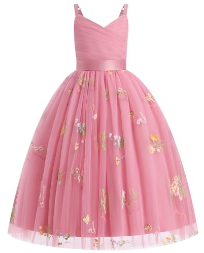 Odizli Kinder Mädchen Ärmellos Spaghettiträger V-Ausschnitt Prinzessin A-Linie Tüllkleid Festlich Hochzeit Blumenmädchenkleider