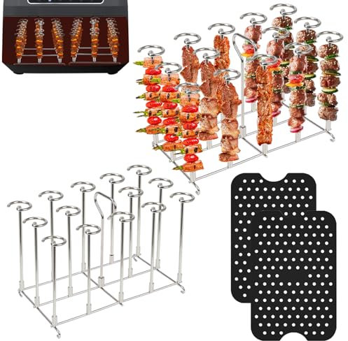 2 Packs Hot Air Fryer Skewers Grill Grate with Silicone Mats for Ninja Foodi AF300EU AF400EU, Stainless Steel Vertical Skewer Rack Set, DualZone Air Fryer Accessories (Grills with Mats)