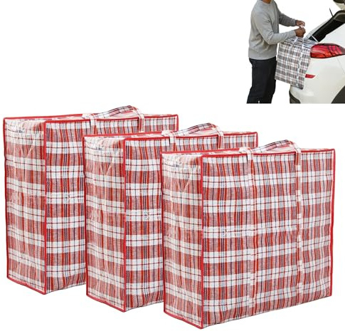 Jumbo Aufbewahrungstasche XXL 140L Kariert mit Reißverschluss – Verstautasche Bigbag PP-Gewebe Faltbar Wasserabweisend Reißfest – Kleidung Bettdecke Kissen Umzug Lager Reise Camping (Rot, 3er Set)
