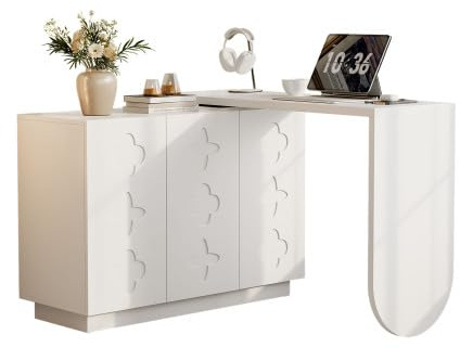 HAINEW Schreibtisch Computertisch L Form mit 3 Türen für Büro Arbeitszimmer Wohnzimmer Homeoffice, 110-170×38,5×75cm, Weiß Sideboard Eckschreibtisch, Drehbarer, Geschnitzte Verzierung