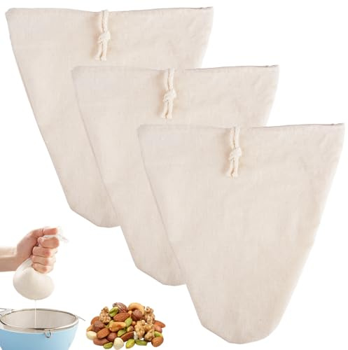 3 Stück Nussmilchbeutel Bio waschbar 30 x 30 cm aus Baumwolle Leinen | V-Form, Mit Kordelzug, Wiederverwendbar, Für Nussmilch, Sojamilch, Gemüsesaft