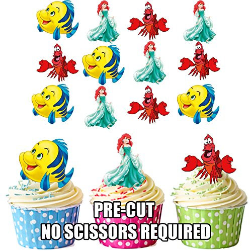AK Giftshop PRE-CUT Princess Ariel/The Little Mermaid - Edible Cupcake Toppers/Cake Decorations (Pack of 36)