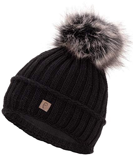 Faera Wintermütze Damen Mütze gefüttert mit Kunstfell Bommelmütze Mädchen Fleecefutter Winter Strickmütze Beanie Herren 34, Farbe:Schwarz