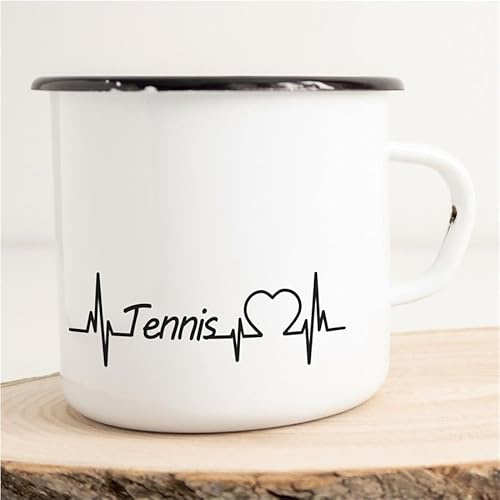 Huuraa Emaille Tasse Tennis Herzschlag Puls Ballsport Wettkampf 300ml | Geschenk Kaffeebecher Vintage Blech Campingtasse mit Schwarzem Rand Kaffeetasse Geschenkidee