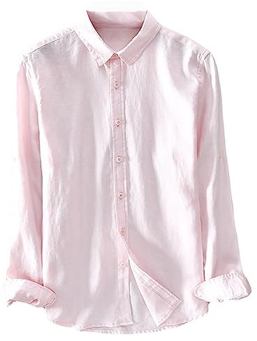 Icegrey Camicia Uomo Camicie di Lino a Maniche Lunghe Camicie da Spiaggia Rosa 50 (3XL EU)