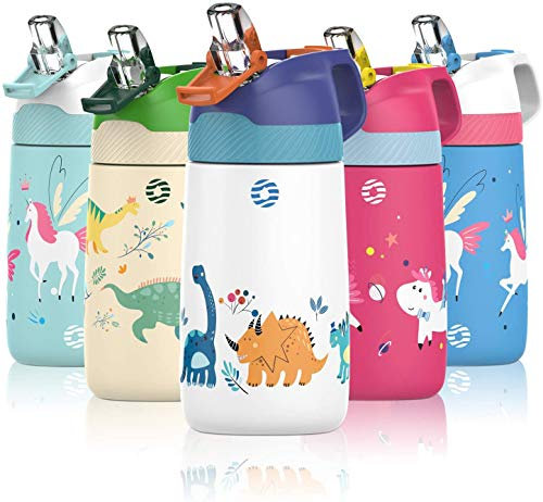 FEIJIAN Trinkflasche Kinder Edelstahl mit Strohhalm Auslaufsicher - 350ML/400ML BPA-frei Thermo Flasche, 1-Klick-Öffnung Wasserflasche für Schule, Kindergarten
