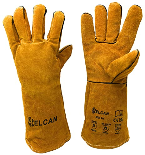 ELCAN Hochleistungs-Profi-Lederschweißhandschuhe, gelb flammhemmend, hitzebeständig, für Schweißelektroden, WIG, MIG, MAG, Grillen, Gartenarbeit, Kamine, Brennholz, Öfen...