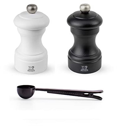 Peugeot Bistro 4 Inch Salt & Pepper Mill Gift Set, Matte White & Black - With Stainless Steel Spice Scoop/Bag Clip