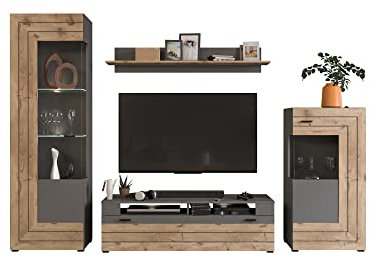 furnling 198124 Serie Bogota Wohnwand 4-TLG., Lowboard Glasvitrine Standvitrine Wandboard, inkl. 2 LED Glasbodenclips, Holz Werkstoff Eiche Nachbildung, Made in Europe, FSC Zertifiziert, grau