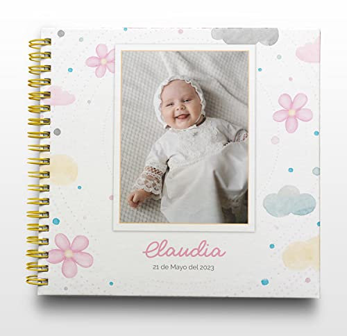 Libro de Firmas Bautizo Niña Personalizado - Tamaño 25 x 21 cm. Personalización del Álbum en Portada Foto y Nombre - 60 Páginas Impresas a Color. ONEPERSONAL