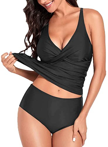 Yutdeng Tankini Donna Mare in 2 Pezzi Curvy Costume da Bagno Donna con Slip Scollo a V Push Up Curvy Bikini Top con Vita Medio-Alta Boyshort Beachwear Removable Reggiseno Imbottitoda Swimsuit da Mare
