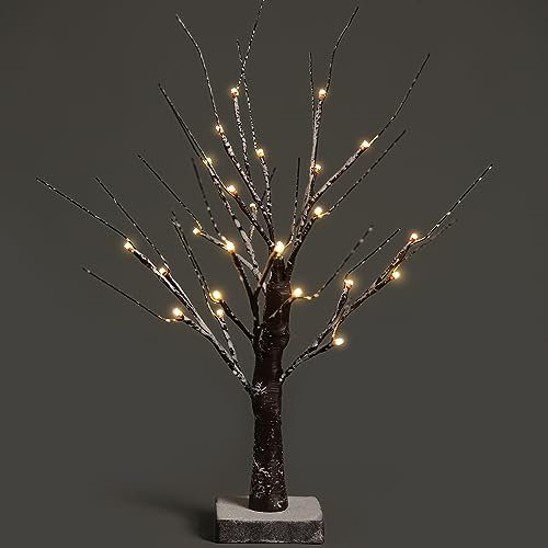 NETTA Twig Birch Tree Snow Effect with Lights Christmas Tree Ornament Pre-Lit with 24 Warm White LEDs - Battery Powered Tabletop Decoration (60cm/2ft) - Brown