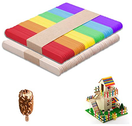 zoerbufan 100 Stück Holzstäbchen, Eisstiele Holz, Eis Selber Machen, Holzspachtel zum Basteln und Holz Eisstiele, Kinder, DIY, 114 mm x 10 mm x 2 mm (50 Holzfarben + 50 Gemischte Farbe)