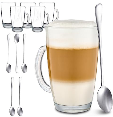Cosumy 12 Latte Macchiato Gläser mit Henkel und Löffel - 300ml - Hält lange warm - Ideale Größe für Kaffeevollautomaten - Spülmaschinenfest