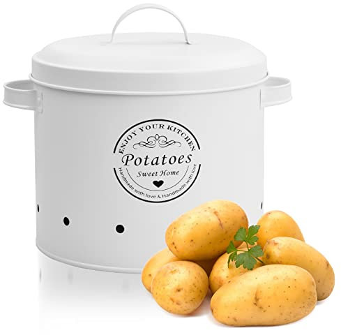 Fangehong 1 Pieza Botes para Patatas, Contenedores Ajos Cebollas de Metal, Recipientes de Almacenamiento de Alimentos Vintage, Cubo de Verduras con Tapa (Patatas Blanco)