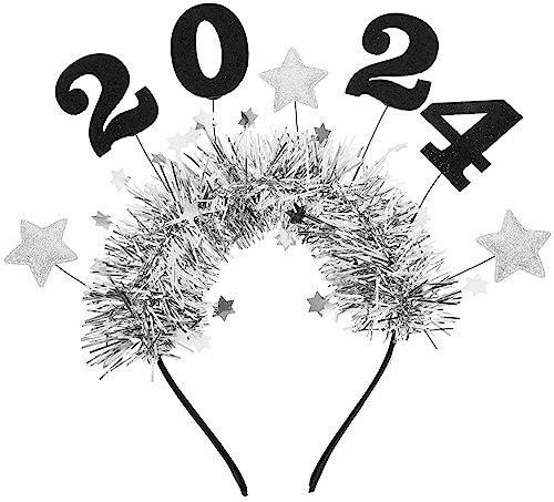 Beaupretty Neujahr Stirnband Glitter Haarreif Haarband mit Sterne Happy New Year Kopfschmuck Haarschmuck für 2024 Silvester Neujahr Abschlussfeier Party Deko Silber