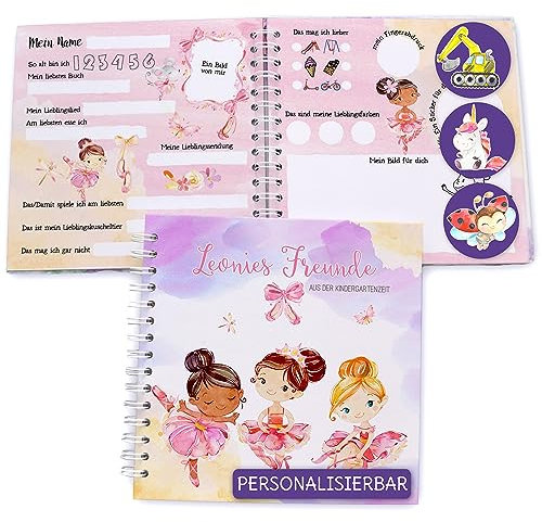 Feenstaub Freundebuch Kindergarten, personalisiert mit Namen, Freundebuch Ballerinas, Meine ersten Freunde, Geschenk Kindergartenstart, spiralgebundenes Freundschaftsbuch für Kindergartenkinder