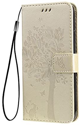 SEAHAI Cover per Motorola Moto G54 5G Portafoglio, Custodia con Bella Foglie e Gatto in Rilievo Design in Pelle Custodia, Antiurto Case Custodia, Oro