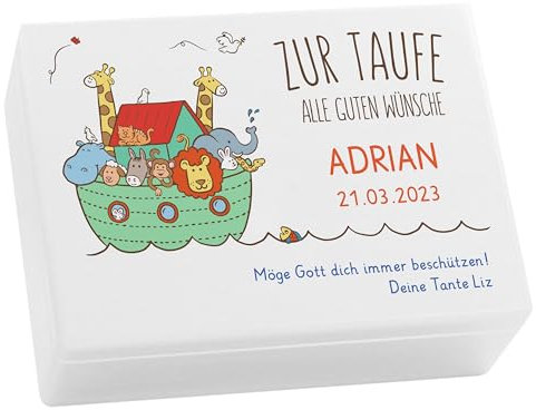 LAUBLUST Holzkiste zur Taufe - Arche Noah Farbmotiv - Personalisiertes Taufgeschenk - ca. 40x30x14 cm, Weiß, FSC®