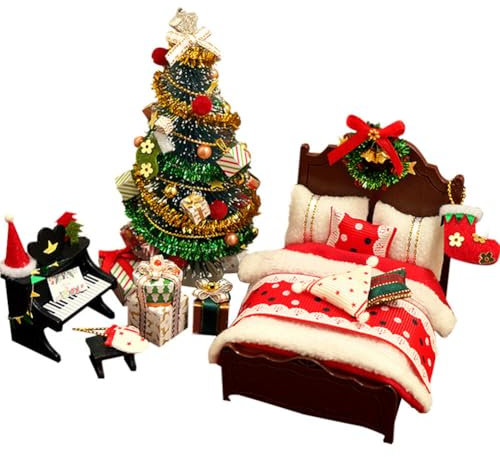 Surakey Miniatur Puppenhaus Zubehör Weihnachten,Dänische Mini Wooden Wichtel Zubehör Weihnachtsdeko DIY Weihnachtsmöbel Bett Weihnachtsbaum Klavier Miniatur Weihnachten Set Deko für Kinder Geschenke