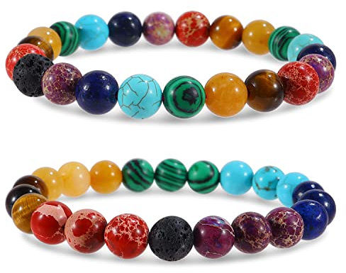 Farfume Chakra Armband Echte Steine, Edelsteine Armbänder fur Damen (7 Chakren und Lavastein)